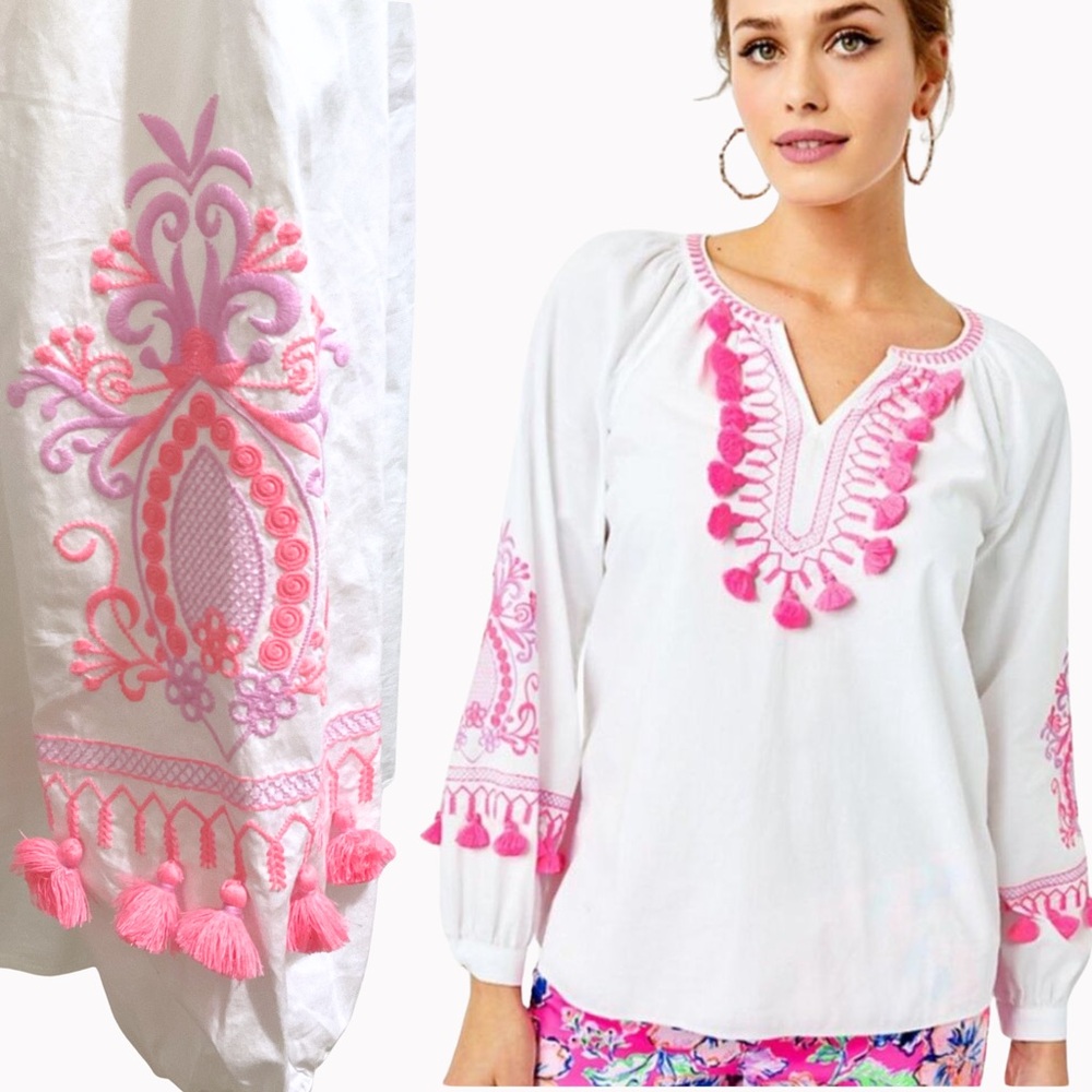 Lilly Pulitzer Kaydence Tunic Top Resort White Pink Embroidery Small